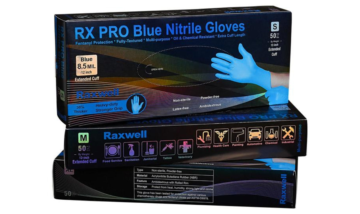 RX PRO Blue 12" Extended Cuff Nitrile Gloves - 500 Case Count, 8.5 Mil Thick