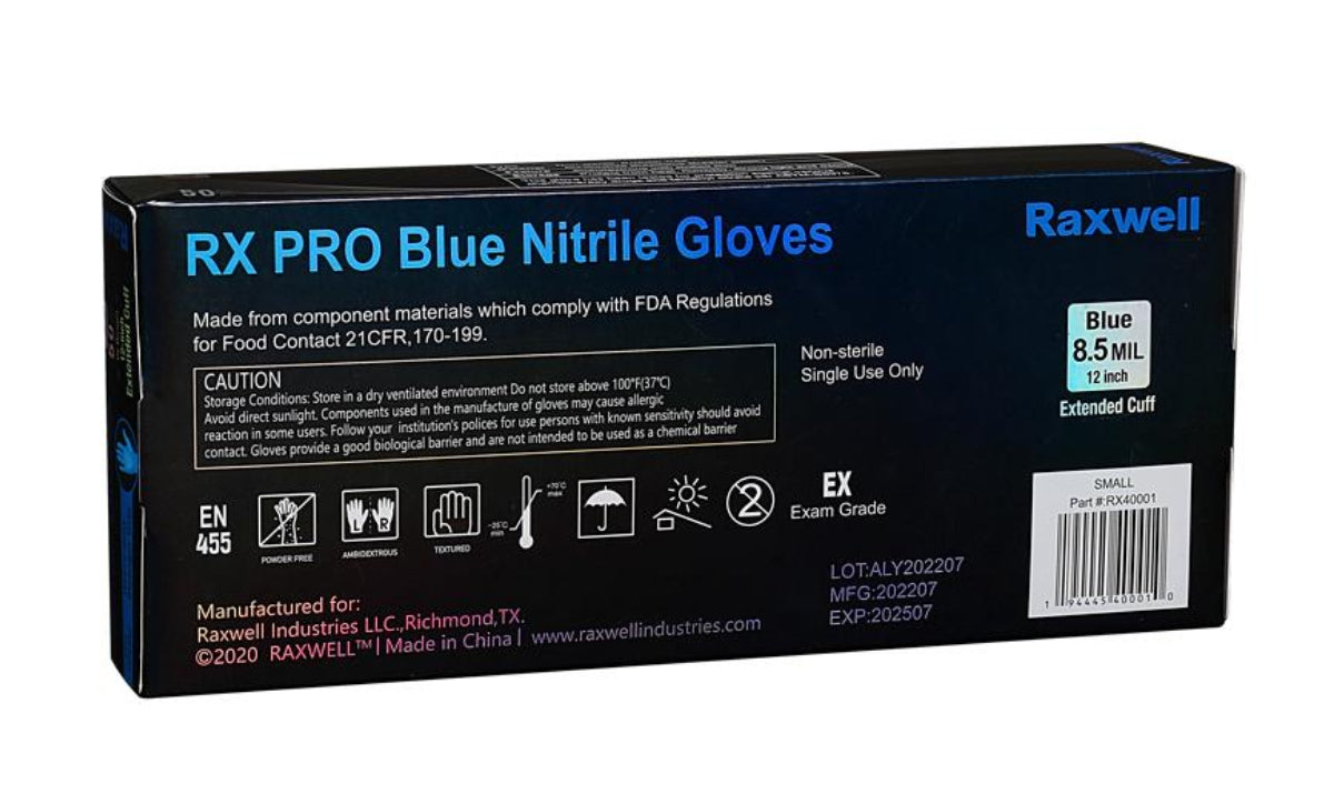 RX PRO Blue 12" Extended Cuff Nitrile Gloves - 500 Case Count, 8.5 Mil Thick