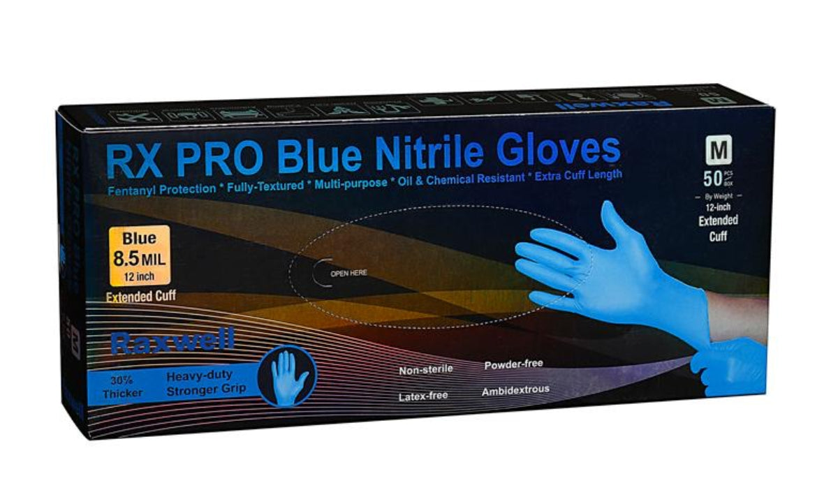 RX PRO Blue 12" Extended Cuff Nitrile Gloves - 500 Case Count, 8.5 Mil Thick